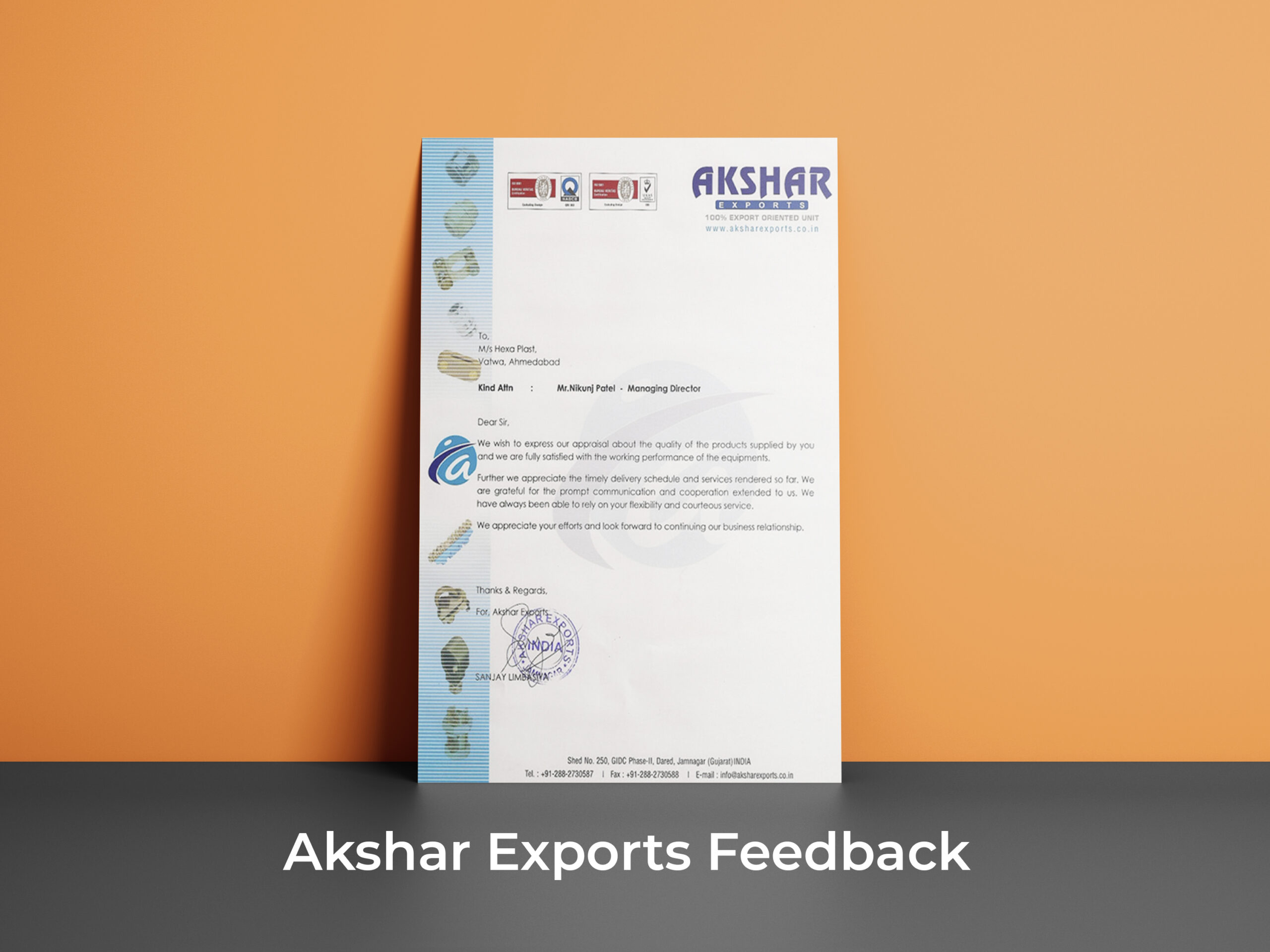 Appreciation Letter form client Akshar Exports